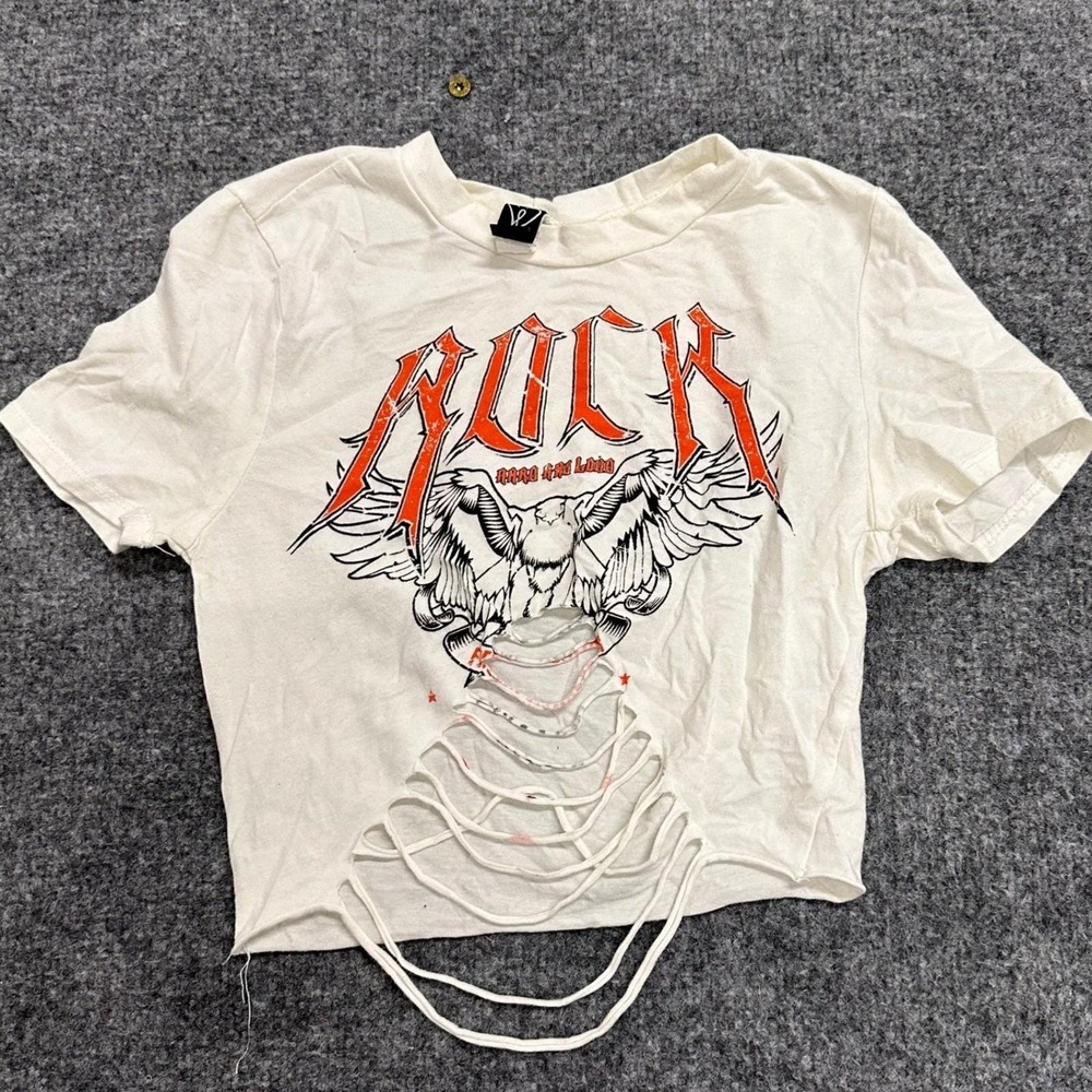 V Crop Top Womens Size S White Rock Eagle Graphic Cut Out Distressed USA Made